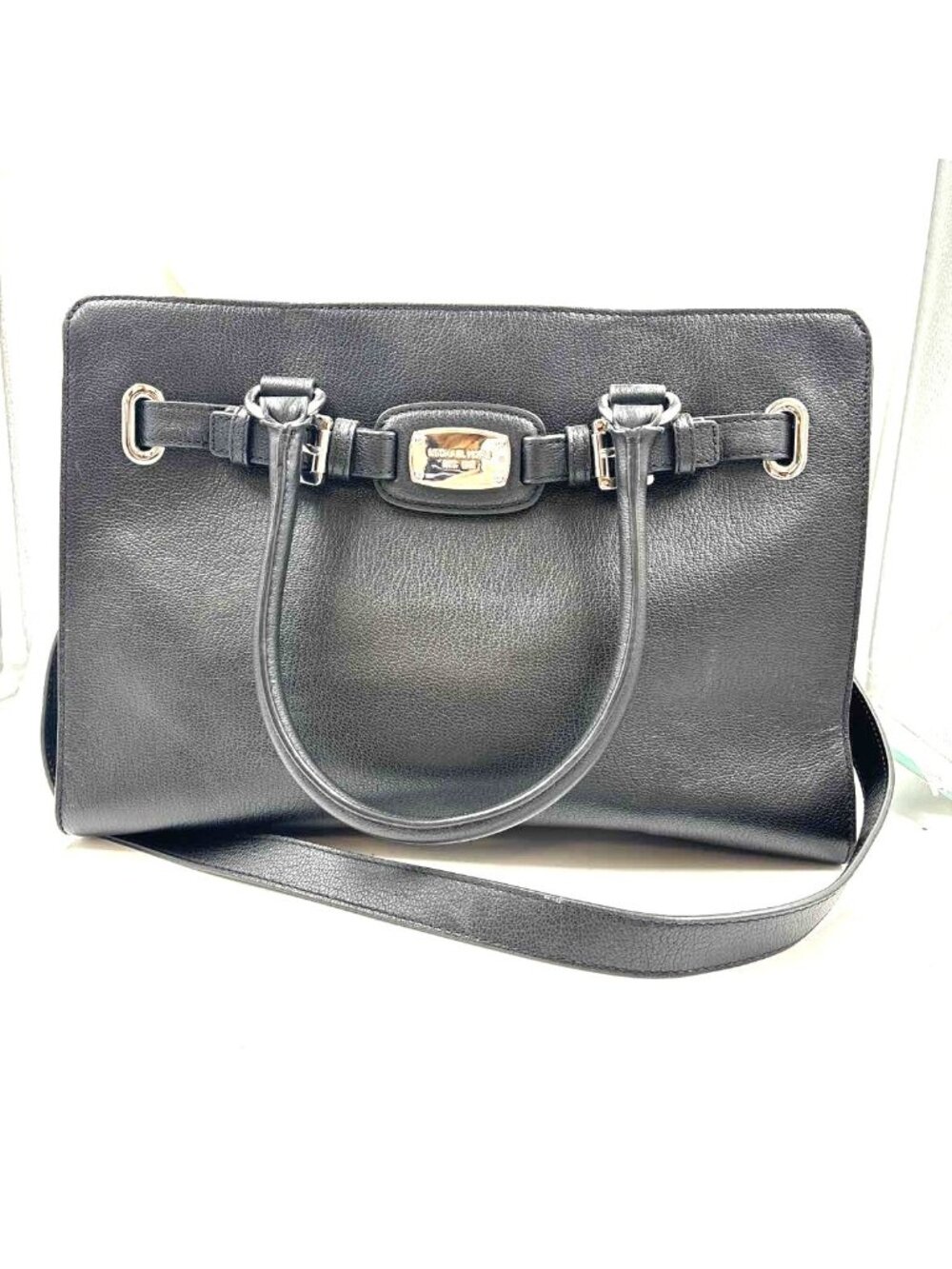 MICHAEL KORS Black Pebble Leather Handled HAMILTON Tote Bag Purse w/Crossbody St
